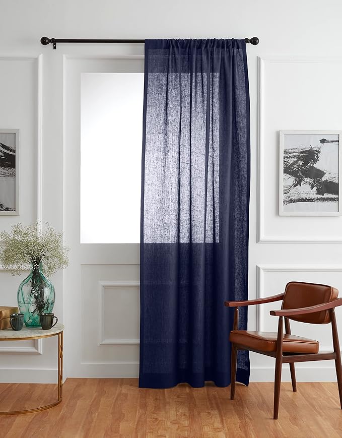 Solino Home European Flax Linen Curtain Chambray Navy, 52 x 108 Inch Light Filtering Rod Pocket Curtain 108 Inches Long, 100% Pure Linen Window Treatment for Living Room, Bedroom - 1 Panel