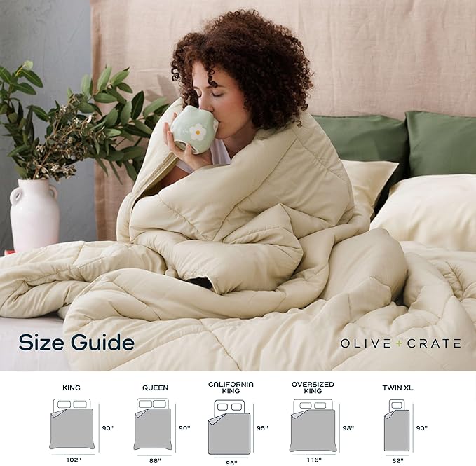 Olive + Crate Cooling Down Alternative Comforter - Hypoallergenic Queen Size Duvet Insert Lightweight - All Seasons Plush Design Bamboo Comforter - 100% Bamboo Viscose Outer Cover - Beige 88"x90"