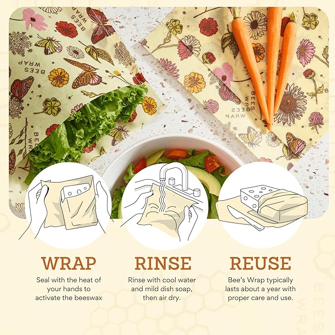 Bee's Wrap Beeswax Wraps for Food - 2 Meadow Magic Produce Bags - Made in USA Reusable & Organic Food Wraps & Reusable Sandwich Bags - Plastic Free Eco-Friendly Alternative to Aluminum Foil