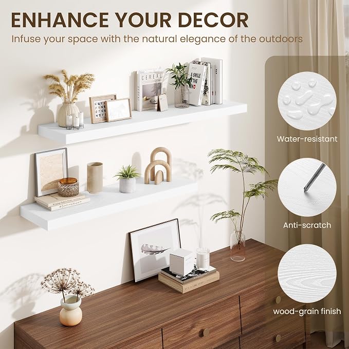 Fun Memories Floating Shelves for Wall 10 Inch, 10 Inch Deep Square Wall Shelves, Bathroom Storage Shelves Over Toilet, Wood Floating Shelves for Living Room Bedroom, White, Set of 2