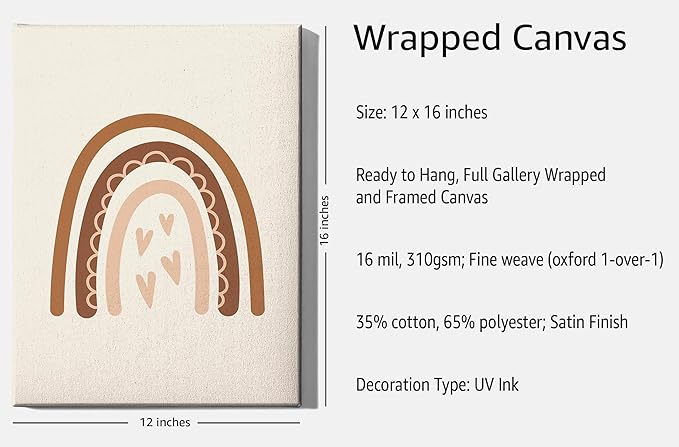 Y2K BOO Boho Nursery Rainbow Wrapped Canvas Wall Art with Hearts Earth Tones Terracotta Brown 12x16 Inch Gallery Stretched Modern Home Decor