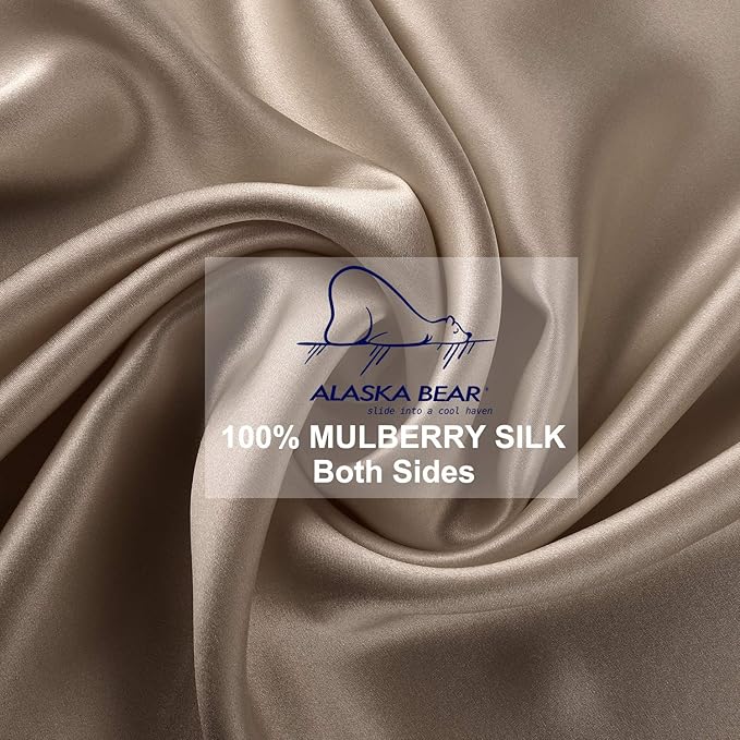 ALASKA BEAR Silk Pillowcase for Hair and Skin, 100% Mulberry Silk Pillow Cases Queen Size for Bliss Sleep with Random Color Scrunchy Gift Set Better Than Poly Satin, 1pc, Khaki