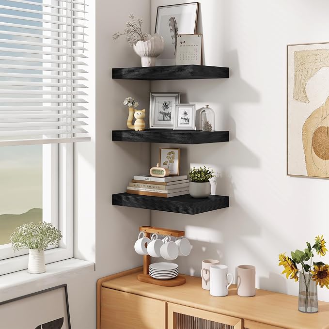 Fun Memories Black Floating Shelves for Wall - 10 x 16 Floating Shelf - Rustic Wood Storage Shelf - Wall Shelves with Invisible Bracket - 16" Bookshelves for Living Room & Bedroom - Black - Set of 2