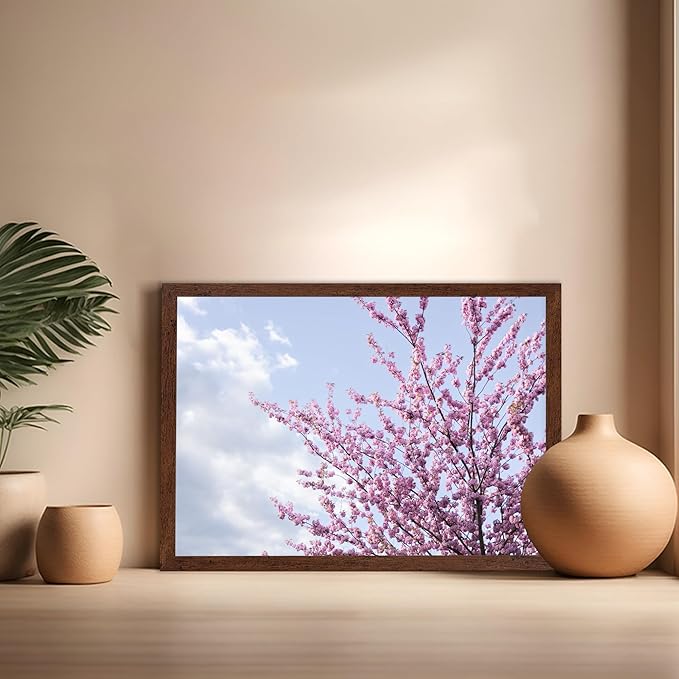 Monem Art Cherry Blossom Spring Sky Photography Print - Floral Nature Art Poster - Wall Decor for Living Room, Bedroom or Office - 16x20 Brown Framed Wall Art by Mareike Bohmer