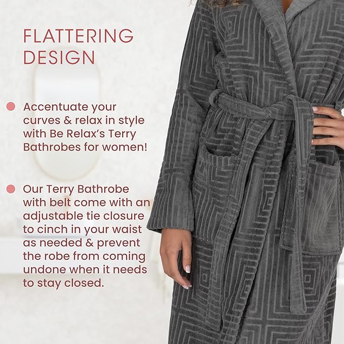 Be Relax Bathrobe for Women - Full Length Terry Cotton Robe with Shawl Collar and Hood, Warm and Cozy Robe with Belt & Pocket