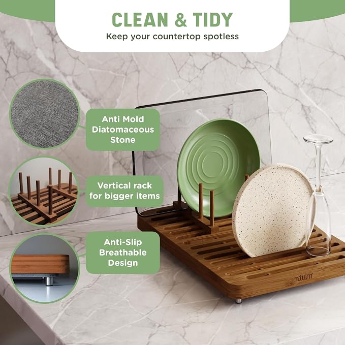 NIUM Stone Drying Mat for Kitchen Counter & Bamboo Rack - 16″x12″ | Diatomaceous Earth Dish drying mat Ultra Absorbent & Fast Drying - EcoFriendly with Non-Slip Pads & Anti-Moisture Design