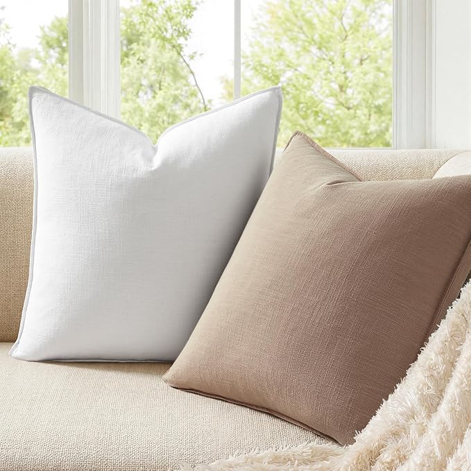 Pack of 4 Neutral Linen Pillow Covers 18x18 Cordinated Color Set for Easy Matching Boho Decorative Throw Cushion Covers with Flange for Sofa Living Room Bed and Balcony Home Decor