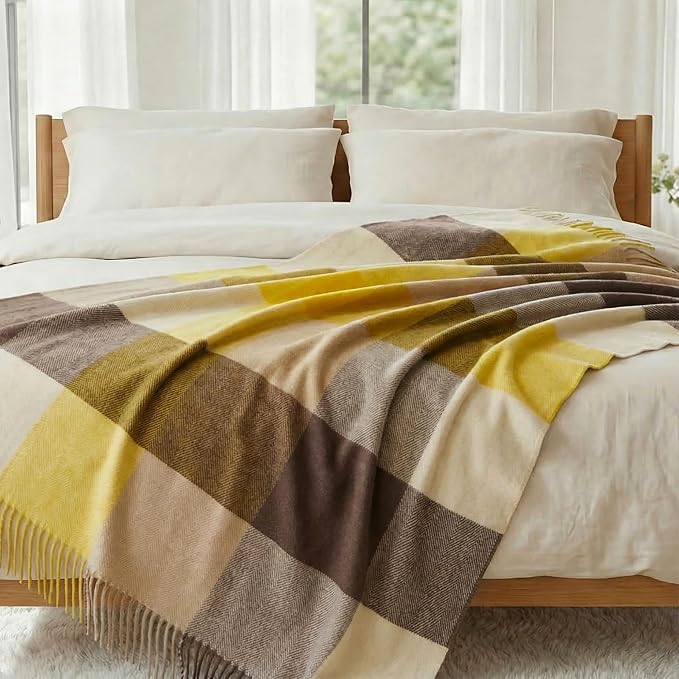 Soft Pure Wool Throw Blanket, Lightweight Warmth, 55"x83", Plaid, Fringe, Compact with Bag, Useful Gift for Women Men, All Season Decorative Cozy Travel Blanket for Couch Bed, Outdoors