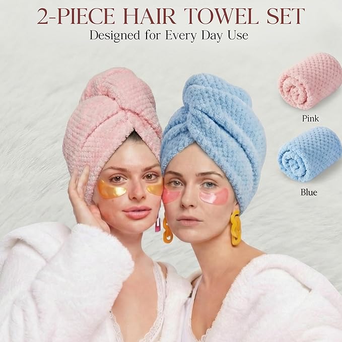 2 Pack Microfiber Hair Towel Wrap for Women 26 x 10 in | Hair Drying Towel with Button and Band | Hair Turban Towel Quick Dry Waffle Coral Fleece Head Towels (Pink + Blue)