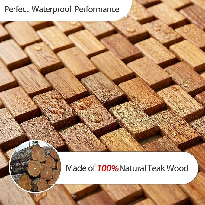 23.62"x 15.75" Teak Wood Bath Mat, Foldable Non-Slip Shower Mat for Bathroom, Quick-Dry Floor Mat for Bathtub, Spa, Sauna, Outdoor