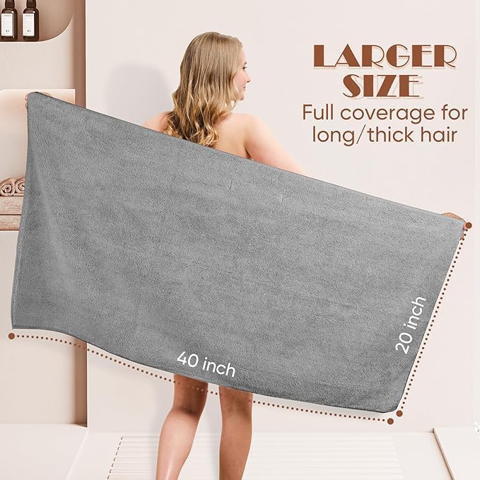 AIDEA Microfiber Hair Towel, 40 X 20 Inches Soft Wrap for Women, Super Absorbent & Fast Drying Turbans for Long, Thick, Curly Hair- Anti Frizz Wrap with Elastic Strap
