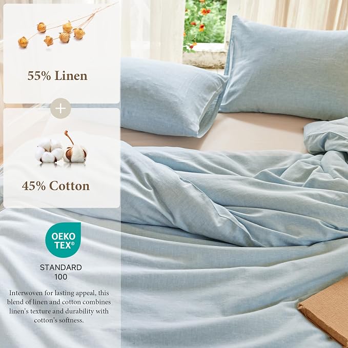 Simple&Opulence Linen Duvet Cover Set Queen Size - French Linen Cotton Woven Blend in Light Blue, 3 Pieces (1 Comforter Cover 88x92” + 2 Pillowcases), Soft & Breathable All-Season Farmhouse Bedding