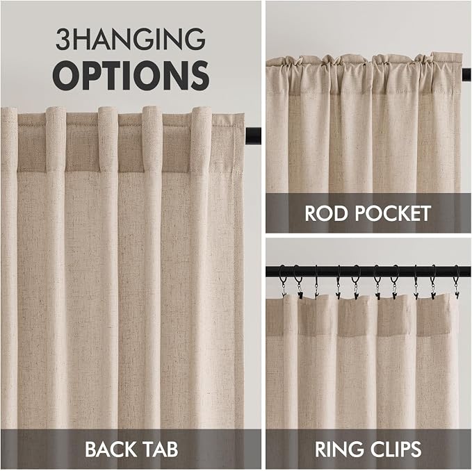 MIULEE Non-See-Through Privacy Linen Curtains 2 Panels, Light Filtering Window Curtains Farnhouse Textured Back Tab Semi Sheer Drapes for Bedroom Living Room, 52 x 90 Inches Long, Beige