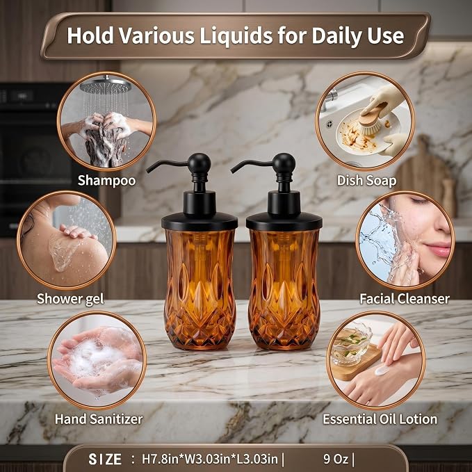 2 Pack 9 Oz Glass Soap Dispenser with Matte Black Zinc Alloy Pump, Amber Round Textured Refillable Hand Soap Dispenser for Lotion, Hand Soap, Body Wash, Kitchen & Bathroom Countertop Decor