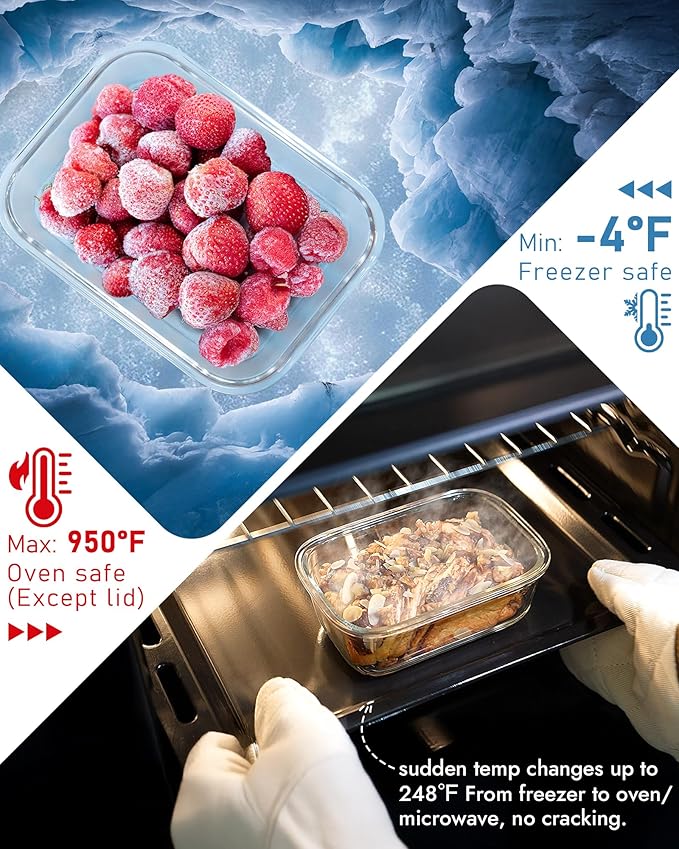 12-Pack Glass Containers with Tempered Lids – Borosilicate, Oven-Safe(-4°F~950°F), Airtight, BPA-Free, Multi-Size for Meal Prep, Dishwasher Safe, 1.6 cups to 6.4 cups (Gray)