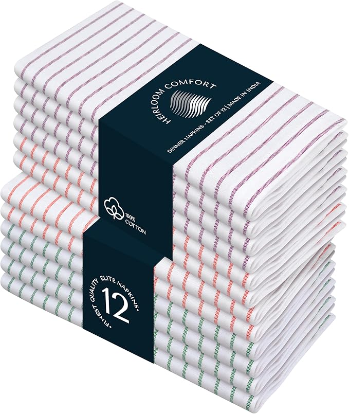 Multi Pack Stripe Napkins Set of 12, 18x18 Inch, 100% Cotton, Classic Striped Durable Napkin for Dinner, Wedding, Reusable and Washable for Everyday Dining - Burgundy, Orange, Green