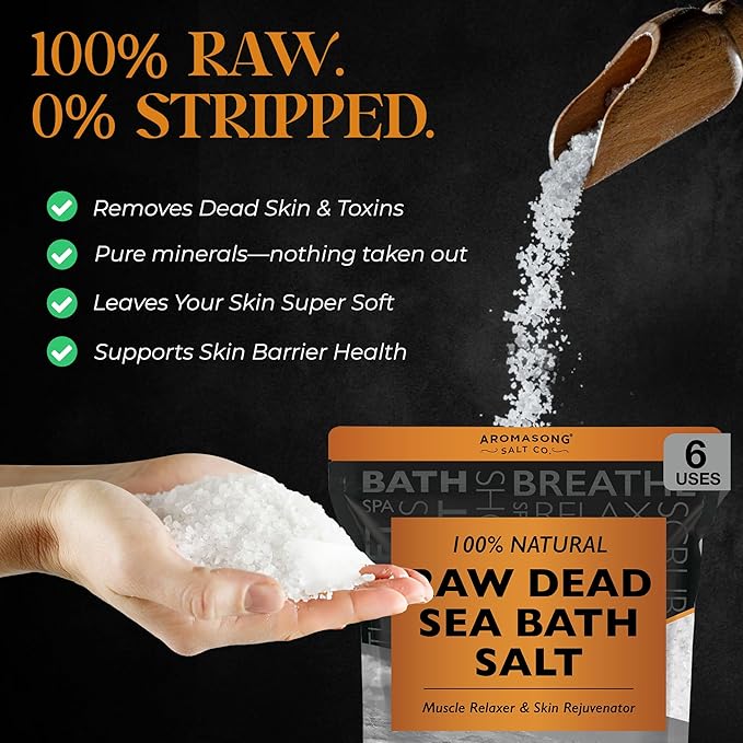 Aromasong Raw Dead Sea Bath Salt - Minimally Cleaned, Contains More Dead Sea Minerals Including Dead Sea Mud - 100% Pure & Natural Dead Sea Salts for Soaking 2.4 LB - Bulk Resealable Pack