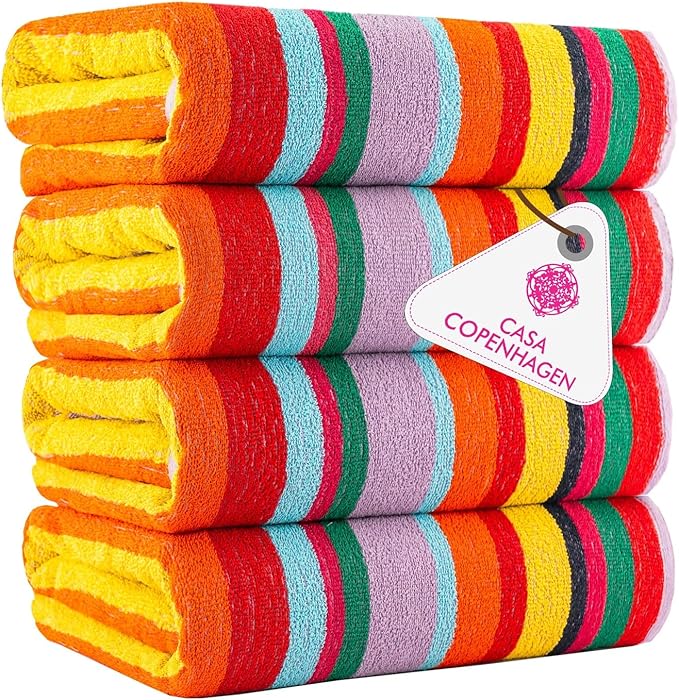 CASA COPENHAGEN Monaco Beach Towels Designed in Denmark Rough and Tough, Quick Dry, for Pool, Bath & Shower 30x60 inches 4 Pieces Cotton Beach Bath Towels Set - Rainbow