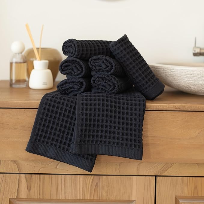 Waffle Washcloths Set of 8 Black - Premium Quality 100% Turkish Cotton Face Washcloth, Soft Makeup Towel, Shower Cloth, Kitchen Towel (Black, Set of 8 Washcloths)