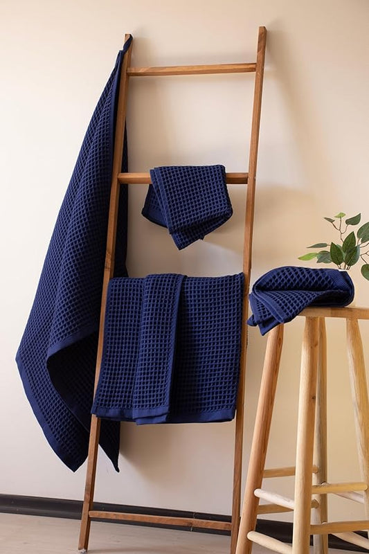 PÜSKÜL - Premium Waffle Towel Set 4 Pieces Navy Blue - Organic 100% Turkish Cotton Quick-Dry Towels for Bathroom Made in Turkiye (Navy Blue, Towel Set - 2 Hand & 2 Bath Towels)