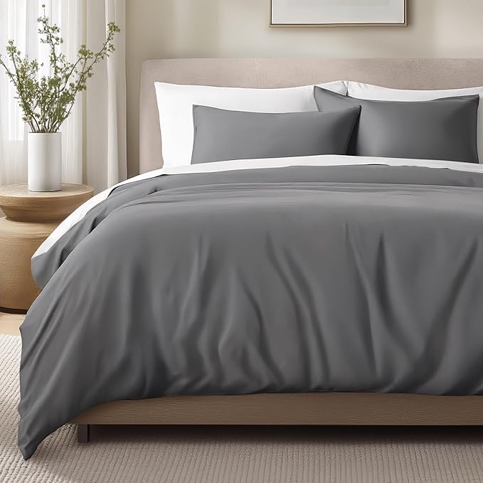 Bare Home 100% Organic Cotton Sateen Duvet Cover Set - Full/Queen Size - 400 Thread Count - Smooth Sateen Weave - Warm & Luxurious - Duvet Cover (Queen, Grey)