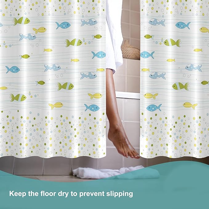 Plastic Shower Curtain Liner, Premium EVA 5G Cartoon Fish Shower Curtain, Shower Curtains for Bathroom with 3 Magnetic Weights and Rustproof Grommets (Cartoon Fish, 72x72 in)