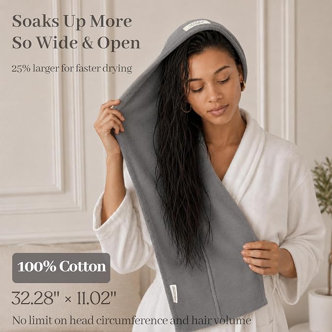 ROLSHOL Cotton Hair Towel Wrap for Women, 2 Pack 100% Cotton Hair Drying Towels for Long, Thick & Curly Hair, 32" x 11" Large Hair Turban for Wet Hair with Elastic Band (Black)