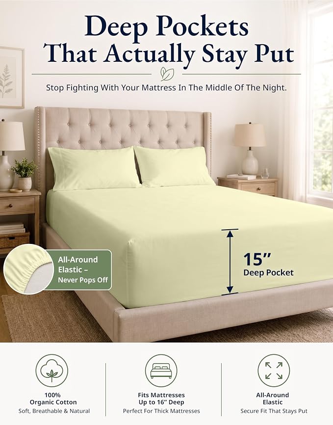 LANE LINEN Twin Fitted Sheets, 100% Organic Cotton 2-Piece Set (1 Fitted Sheet, 1 Pillowcase), Percale Weave, Bottom Sheet, Soft, Breathable, Fits Mattress Upto 15' Deep - Vanilla (No Flat Sheet)