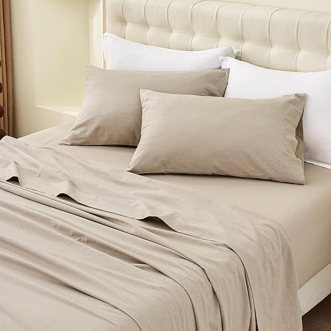 BISELINA Linen Sheet French Flax Flat Sheet Only 55% Euro Linen 45% Cotton Basic Style Solid Color Soft Breathable Farmhouse Top Sheet 1-Piece (King, Khaki)