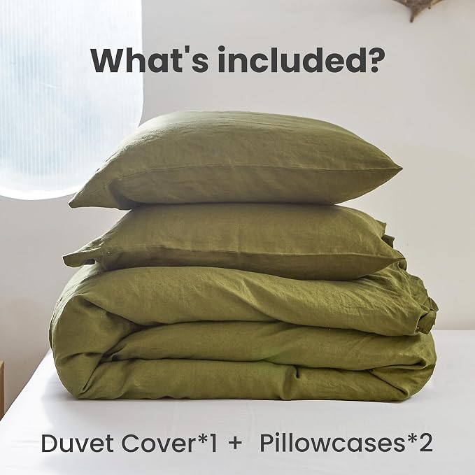 Simple&Opulence 100% Linen Duvet Cover Set 2pcs with Coconut Button Closure Natural French Washed Flax Solid Color Soft Breathable Farmhouse Bedding - Olive Green, Twin Size