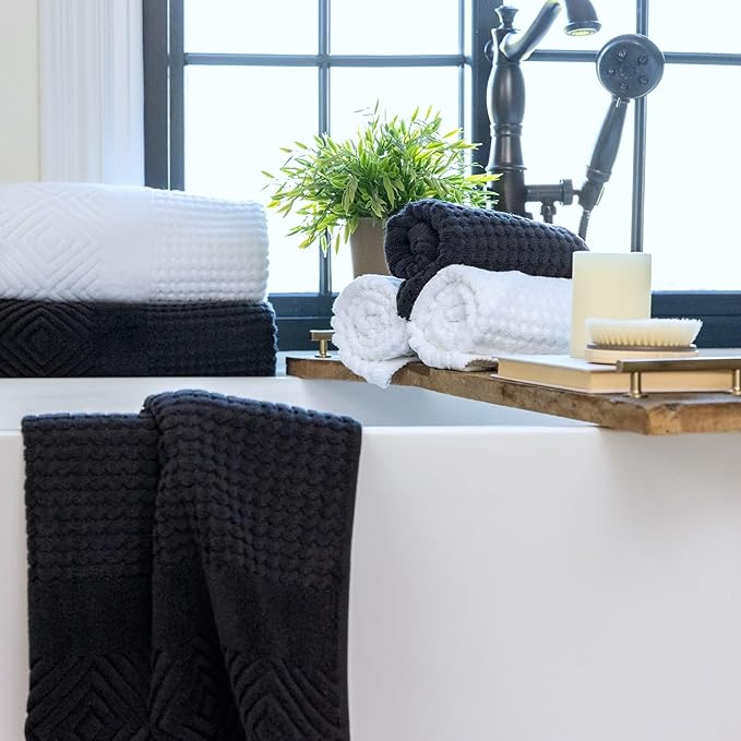Texere 100% Organic Cotton Jacquard Towel Sets (Black (Diamond), 2 Bath & 2 Hand Towels)