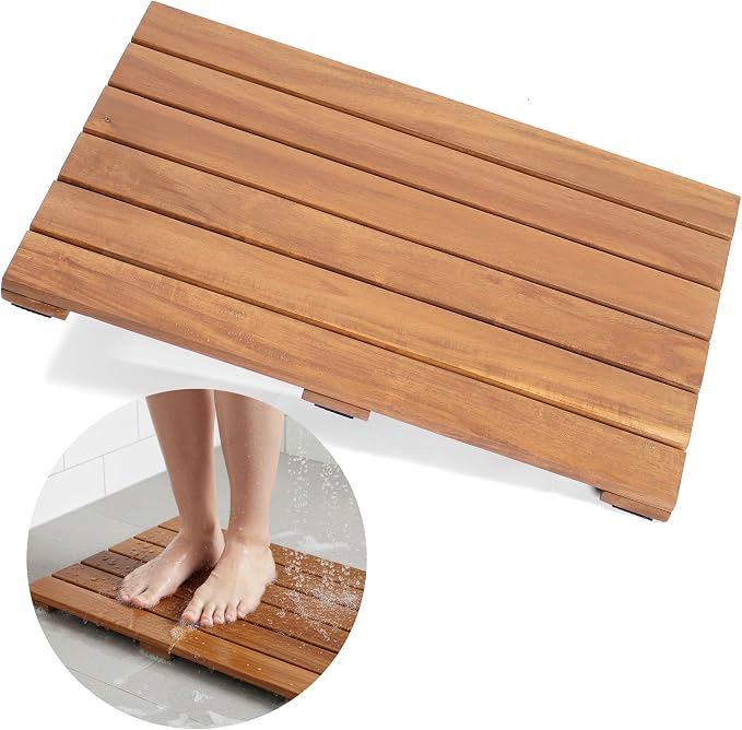 Wooden Shower Mat 13×20 in – Solid Acacia Wood Bath Mat, Non-Slip Feet, Slatted Fast-Drainage Design – Spa, Bathroom & Outdoor Use (Acacia)
