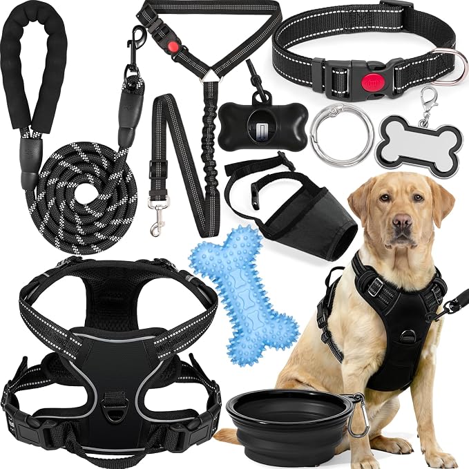 No Pull Dog Harness Adjustable Collar & Leash Set - Dog Halter Harnesses Collapsible Bowls & Poop Bag Dispenser Muzzle ID Tags Toys Fits Small Medium Large Dogs (Black-XL)