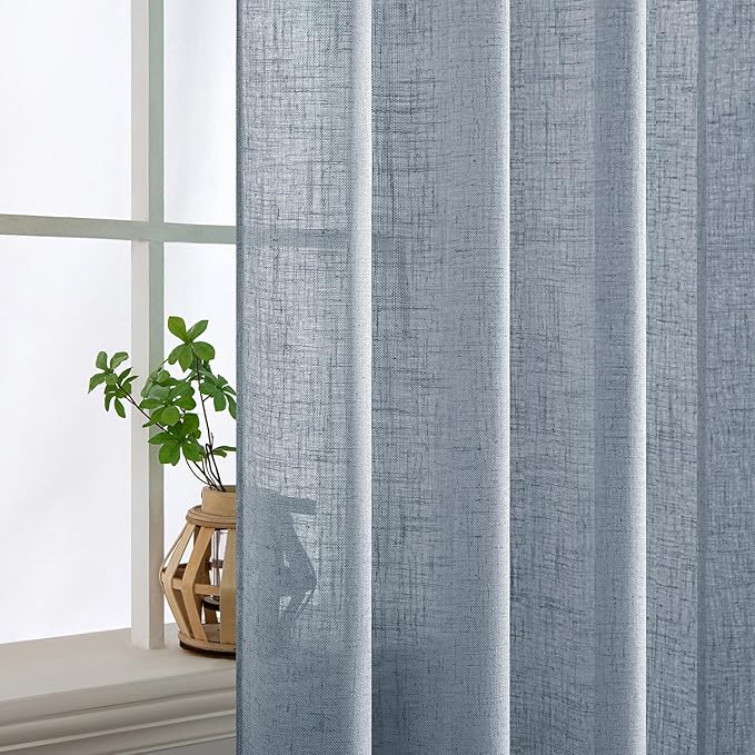 MIULEE Chambray Blue Linen Curtains 45 Inch Length 2 Panels for Bedroom Living Room, Soft Linen Textured Window Drapes Semi Sheer Light Filtering Back Tab Rod Pocket Farmhouse Modern Burlap Look Decor