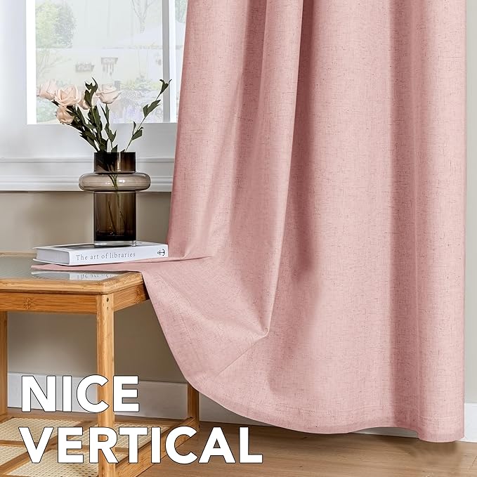 H.VERSAILTEX Linen Curtains 100% Blackout Curtains for Bedroom 120 inch Long Full Light Blocking Nature Linen Blended Window Curtains for Living Room Nickel Grommet (2 Panels, Heathered Baby Pink)
