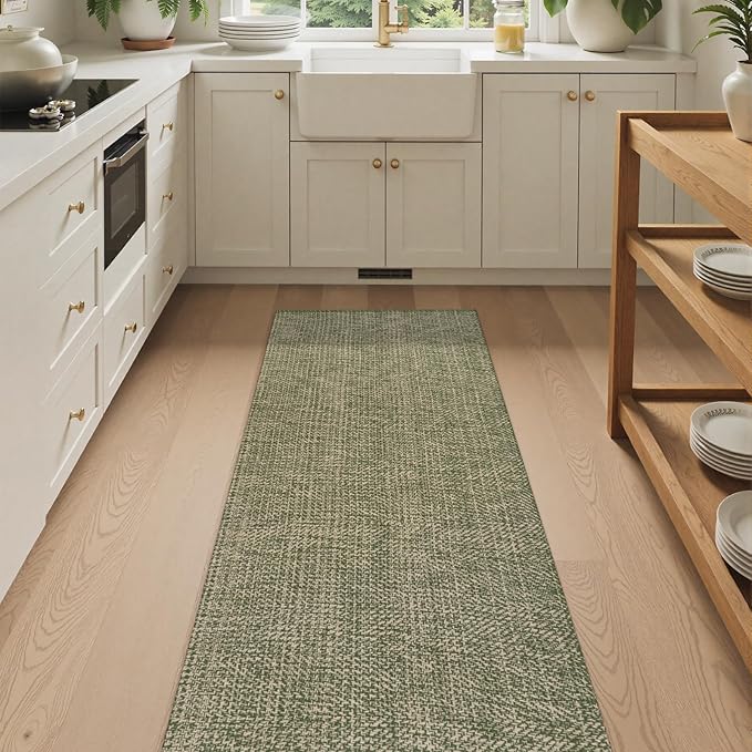 LEEVAN Washable Kitchen Runner Rug 2'x6', Cotton Woven Entryway Rug Reversible Hallway Runners, Modern Bathroom Rugs Farmhouse Kitchen Mat, Long Carpet for Nursery Foyer(Green&Natural)