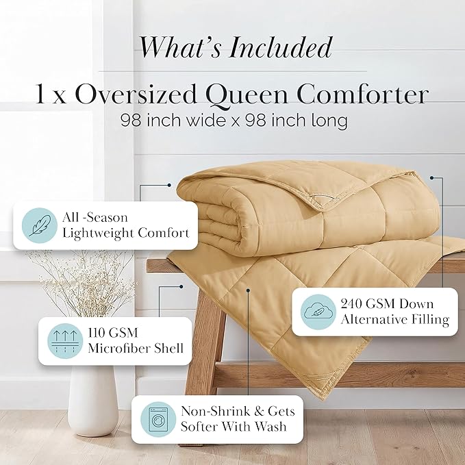 Southshore Fine Living, Inc. Queen Size Comforter, Full Bed/Queen Down Alternative Comforter Only, Soft and Fluffy Bedding, Full Size All Season Comforters for Vacation Homes, Gold Comforters