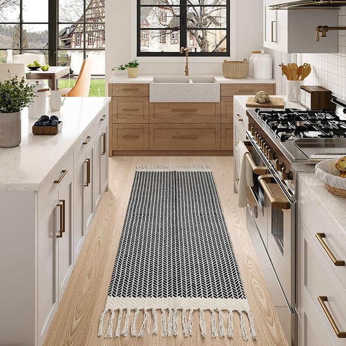 Lahome Belle Boho Rugs for Entryway, 2x5 Laundry Room Rug Lightweigh Cotton Washable Runner Rug with Tassels, Farmhouse Black Bath Door Mats Indoor Non Shedding Runners for Hallways Bedroom