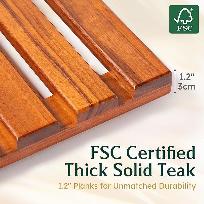 Teak Shower Mat - Premium Non-Slip Bath Mat for Bathtub & Shower, Natural Wooden Bathroom Floor Mat, Spa-Style Fast-Drying Bathtub Tray, Solid Teak Wood (20"x20")