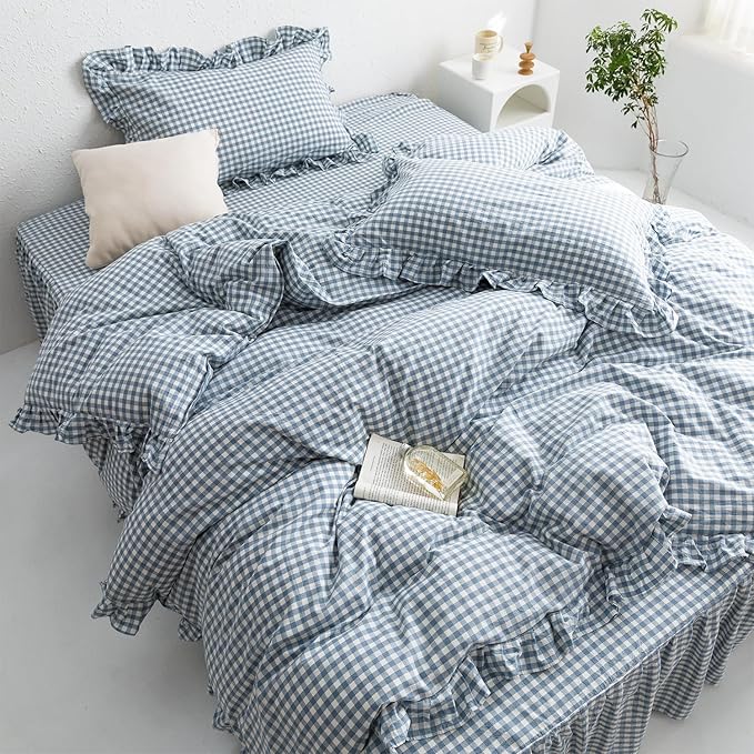 mixinni Blue White Gingham Ruffle Duvet Cover Twin XL Size 3 Pieces – 100% Washed Cotton, Vintage Plaid Ruffled Bedding Set with Zipper Ties, Soft Checkered Grid Farmhouse Chic Comforter Cover Set