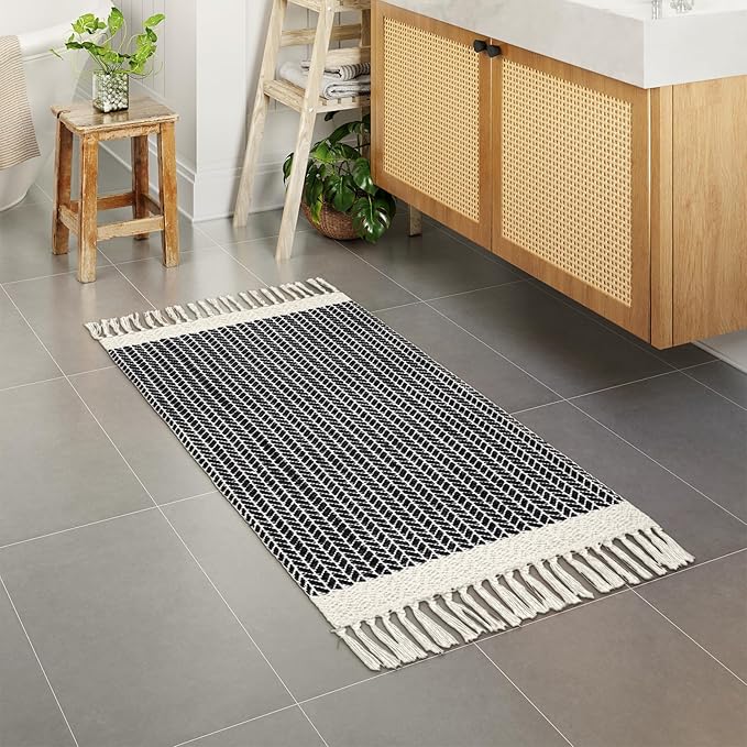 Lahome Belle Boho Kitchen Runner, 2x4.3 Bathroom Runner Rugs Lightweight Entryway Rug Woven Cotton Throw Mat with Tassels, Farmhouse Non Shedding Washable Black Low Pile Runners for Bedroom Doorway