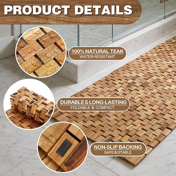 Junkin Teak Wood Bath Mat 47 x 17 Inch, Extra Long Non Slip Wooden Shower Mat for Bathroom, Teak Spa Accessory for Bathtub Area, Spa Home or Outdoor