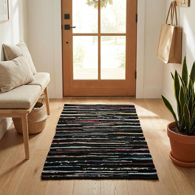 Cotton Hosiery Hand Woven Area Rug 2x3 Feet - Dark Multi, Accent Decorative Farmhouse Reversible Throw Indoor Carpet Ideal for Entryway, Kitchen, Laundry | Black Small Soft Floor Mat for Nursery