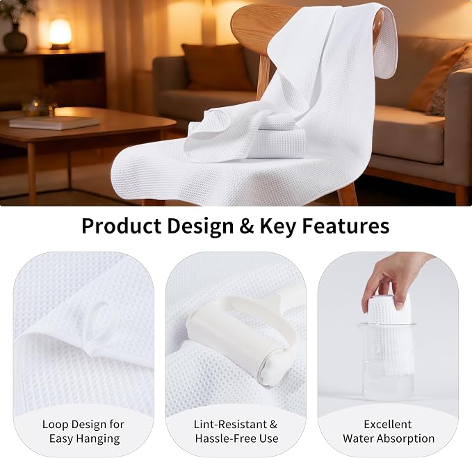 MICROFI Waffle Weave Bath Towel Set, Microfiber, 4 Pieces (Body/Hair/Hand/Face), Quick Dry, Lightweight, Super Absorbent, Lint Free, 380 GSM (White)