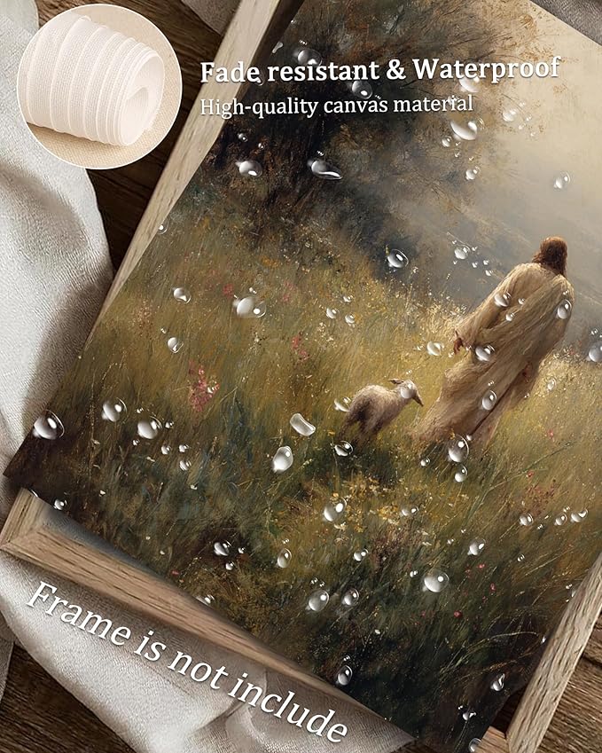 Vodefoad Vintage Wall Art Dector Jesus Leaves The 99 Christian Good Shepherd Artwork Lost Sheep Parable Boho Christian Landscape Oil Painting Bible Verse Canvas for Home Bedroom Holiday Dector - 8x10Inch Unframe