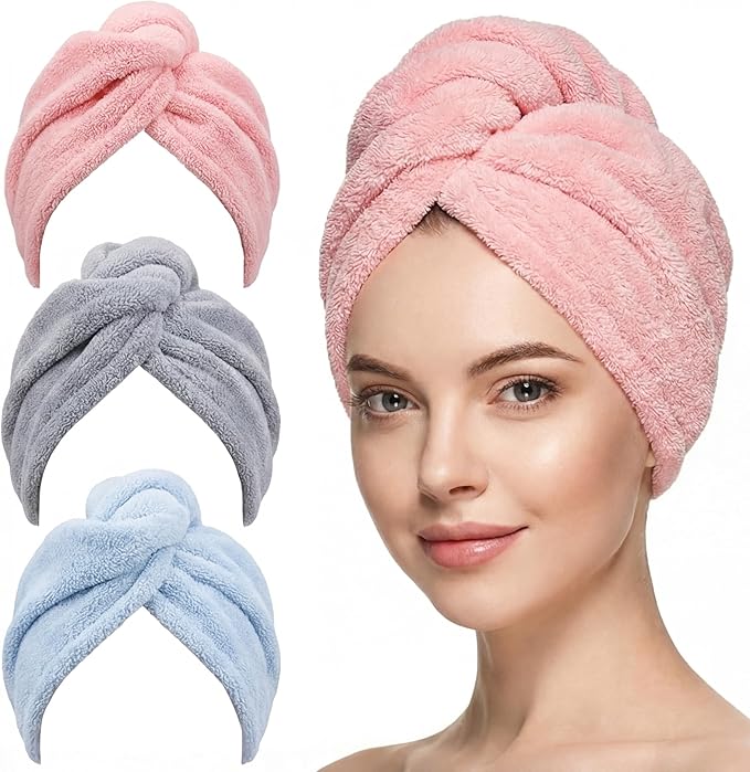 3 Pack Large Microfiber Hair Towel Wrap for Women 30 x 10 in | Hair Drying Towel with Button | Hair Turban Towel Quick Dry Waffle Coral Fleece Head Towels (Pink + Blue + Grey)