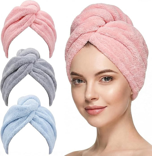 3 Pack Large Microfiber Hair Towel Wrap for Women 30 x 10 in | Hair Drying Towel with Button | Hair Turban Towel Quick Dry Waffle Coral Fleece Head Towels (Pink + Blue + Grey)