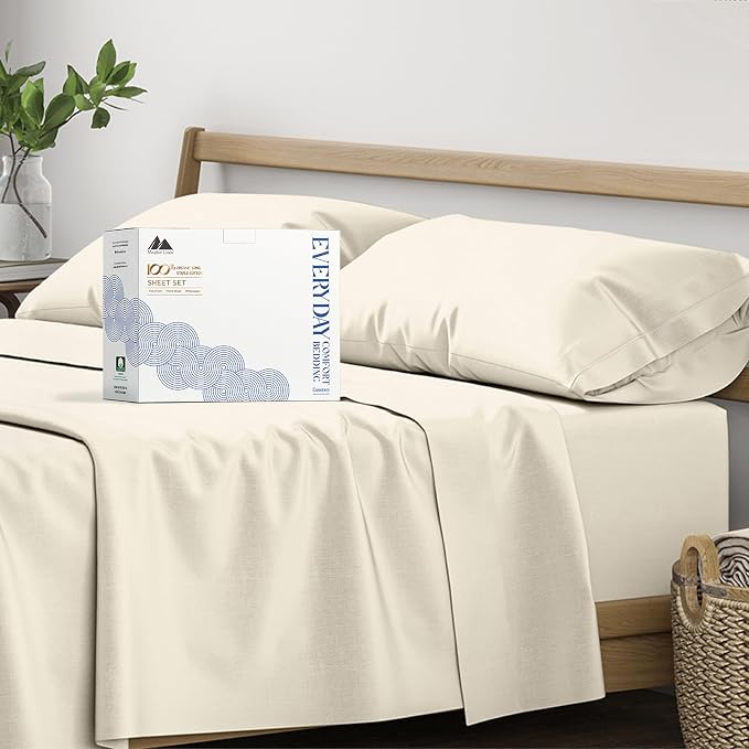 Mayfair Linen 100% Organic Cotton Sheets Queen Size - 4 PC Ivory Organic Cotton Percale Sheets Queen Set, Soft, Cooling & Breathable Bedsheets, 16" Deep Pocket Hotel Bedding Set - GOTS Certified