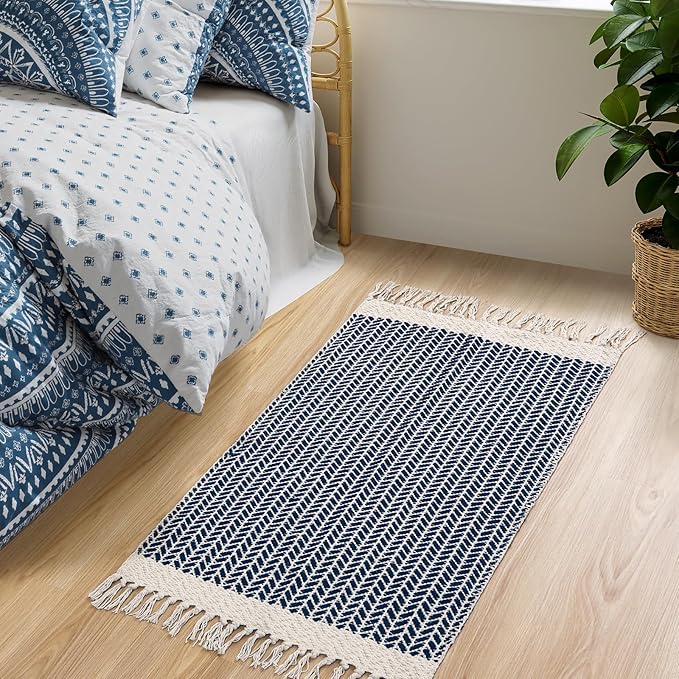 Lahome Belle Boho Bathroom Rugs, Small 2x3 Front Door Mat Lightweight Entryway Rug Woven Cotton Area Rug with Tassels, Farmhouse Non Shedding Washable Blue Throw Rug Low Pile Carpet for Entry Laundry
