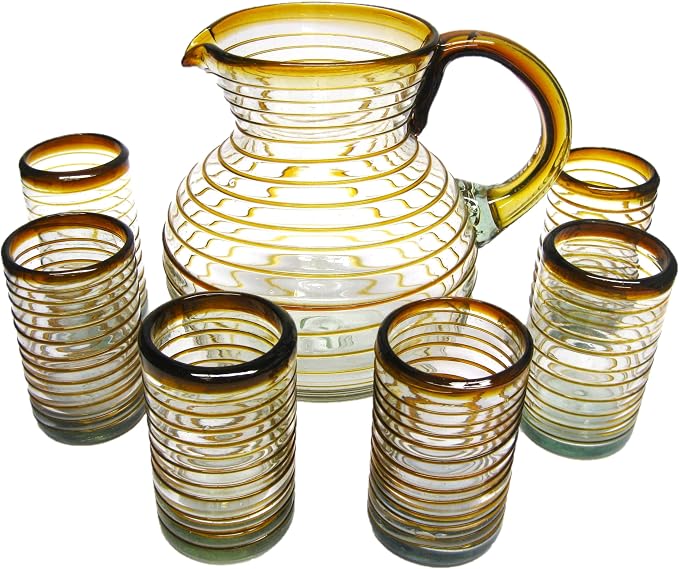 Amber Spiral 120 oz Pitcher and 6 Drinking Glasses set, Recycled Glass, Lead-free, Toxin-Free (Pitcher & Glasses)